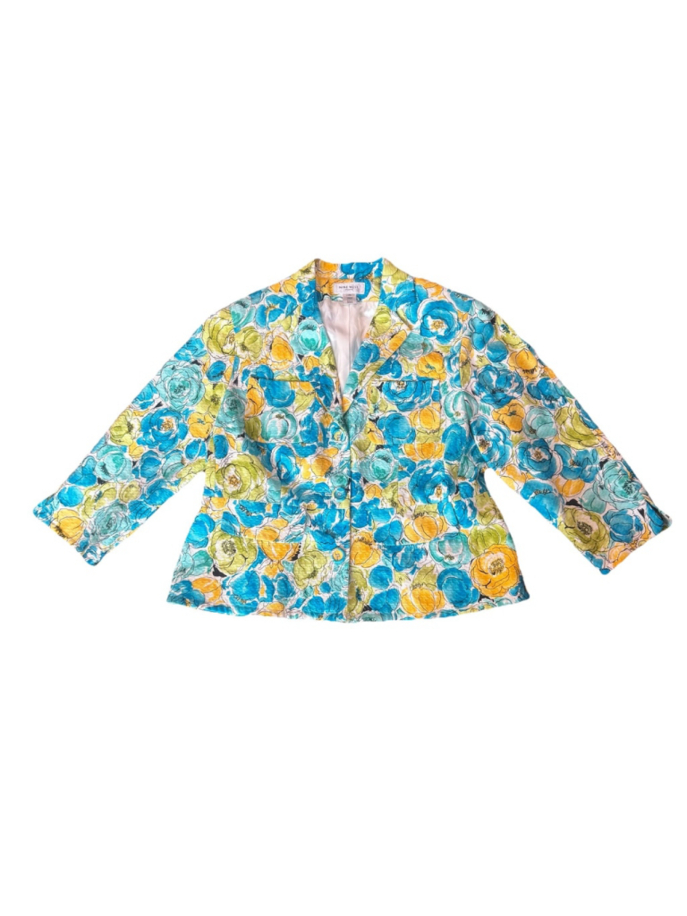 New Nine West Floral Print Blazer Jacket Size:14W Cotton 3/4Sleeve Pockets Lined